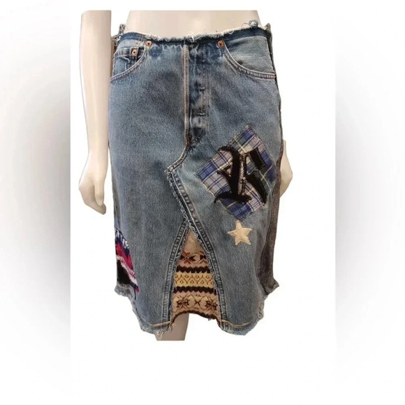 Riley Upcycled  Patchwork Denim Midi Skirt Size Small - Picture 3 of 9